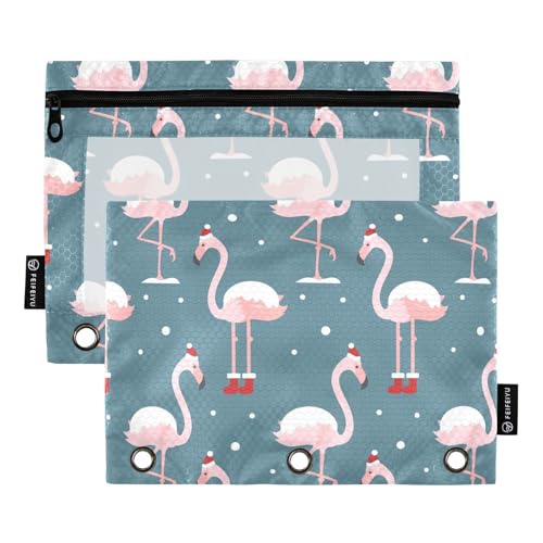 OWFKAY Federmäppchen für 3-Ring-Ordner, Großpackung mit 3 Löchern, Reißverschluss, mit transparentem Fenster, Flamingo in Weihnachtsmütze, 2 Stück, Flamingo in Weihnachtsmütze, one sizex2 von OWFKAY