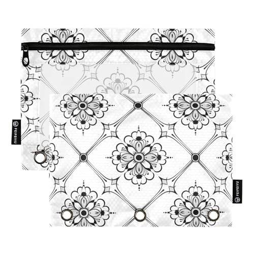 OWFKAY Federmäppchen für 3-Ring-Ordner, Großpackung mit 3 Löchern, Reißverschluss, mit transparentem Fenster, Schwarz und Weiß, geometrisches Blumenmuster, Schwarz-weißes geometrisches Blumenmuster von OWFKAY