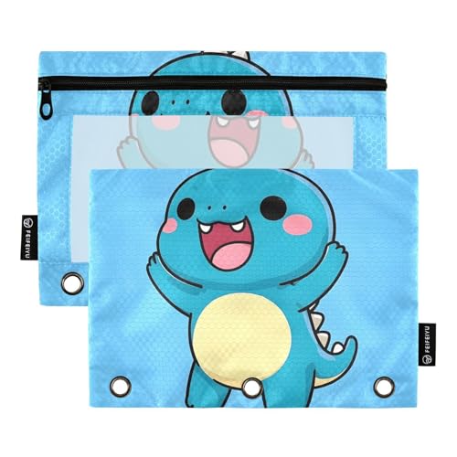 OWFKAY Federmäppchen für 3-Ring-Ordner, Großpackung mit 3 Löchern, Reißverschluss, mit transparentem Fenster, blauer Dinosaurier, 2 Stück, Niedlicher blauer Dinosaurier, one sizex2, Kulturbeutel von OWFKAY