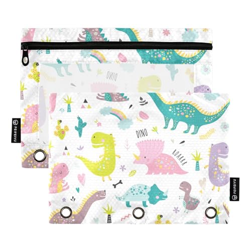 OWFKAY Federmäppchen für 3-Ring-Ordner, Großpackung mit 3 Löchern, Reißverschluss, mit transparentem Fenster, niedlicher Dinosaurier-Dino, lustig, 2 Stück, Niedlicher Dinosaurier-Dino, one sizex2 von OWFKAY