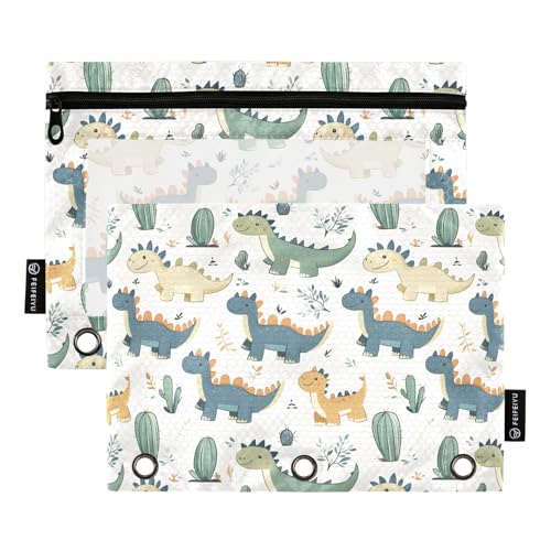 OWFKAY Federmäppchen für 3-Ring-Ordner, Großpackung mit 3 Löchern, Reißverschluss-Taschen mit transparentem Fenster, Dinosaurier-Muster, 2 Stück, Dinosauriermuster, one sizex2, Kulturbeutel von OWFKAY