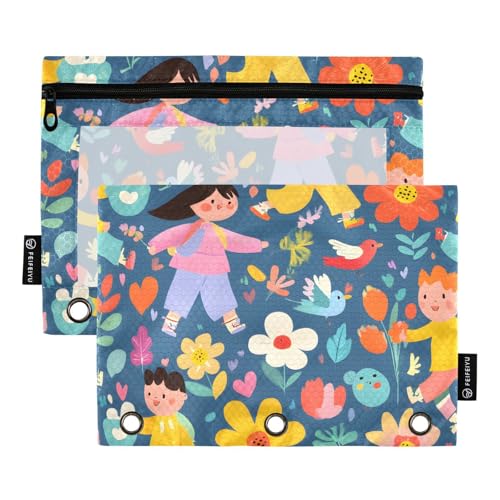 OWFKAY Federmäppchen für 3-Ring-Ordner, Großpackung mit 3 Löchern, Reißverschlussbeutel mit transparentem Fenster, Blumenmuster für Kinder, Blumenkind-Muster, one sizex2, Kulturbeutel von OWFKAY