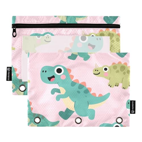 OWFKAY Federmäppchen für 3-Ring-Ordner, Großpackung mit 3 Löchern, Reißverschlussbeutel mit transparentem Fenster, Cartoon-Dinosaurier-Muster, 2 Stück, Cartoon-Dinosaurier-Muster, one sizex2 von OWFKAY