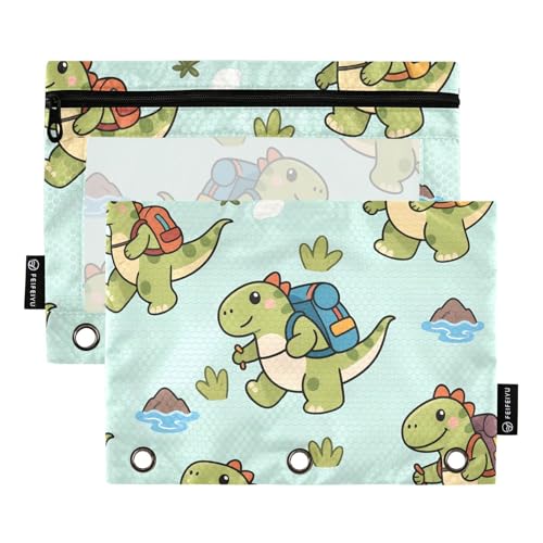 OWFKAY Federmäppchen für 3-Ring-Ordner, Großpackung mit 3 Löchern, Reißverschlussbeutel mit transparentem Fenster, Cartoon-Dinosaurier und Grasmuster, 2 Stück, Cartoon-Dinosaurier und Grasmuster, one von OWFKAY
