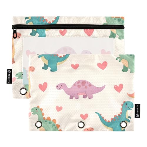 OWFKAY Federmäppchen für 3-Ring-Ordner, Großpackung mit 3 Löchern, Reißverschlussbeutel mit transparentem Fenster, Cartoon-Dinosaurier und Liebesmuster, Cartoon-Dinosaurier- und Liebesmuster, one von OWFKAY
