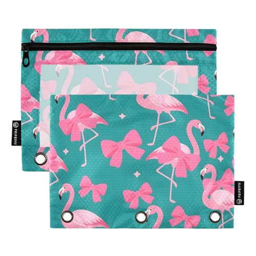 OWFKAY Federmäppchen für 3-Ring-Ordner, Großpackung mit 3 Löchern, Reißverschlussbeutel mit transparentem Fenster, Flamingo-Schleifenmuster, 2 Stück, Flamingo-Schleifenmuster, one sizex2, Kulturbeutel von OWFKAY
