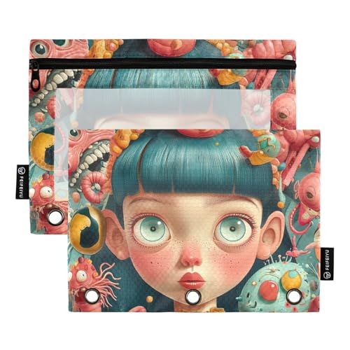 OWFKAY Federmäppchen für 3-Ring-Ordner, Großpackung mit 3 Löchern, Reißverschlussbeutel mit transparentem Fenster, Kartoon Doll 2, Cartoon-Puppe 2, one sizex2, Kulturbeutel von OWFKAY