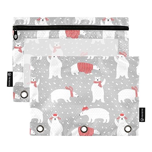 OWFKAY Federmäppchen für 3-Ring-Ordner, Großpackung mit 3 Löchern, Reißverschlussbeutel mit transparentem Fenster, Winterweiß, Weihnachten, niedliche Eisbären, 2 Stück (1), Niedliche Eisbären von OWFKAY