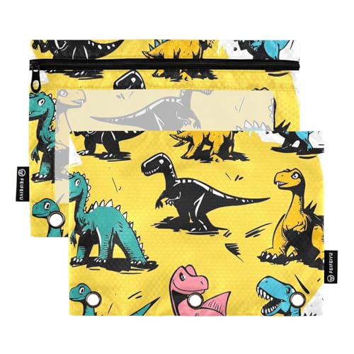 OWFKAY Federmäppchen für 3-Ring-Ordner, Großpackung mit 3 Löchern, Reißverschlussbeutel mit transparentem Fenster, bunte Dinosaurier, 2 Stück, Bunte Dinosaurier, one sizex2, Kulturbeutel von OWFKAY