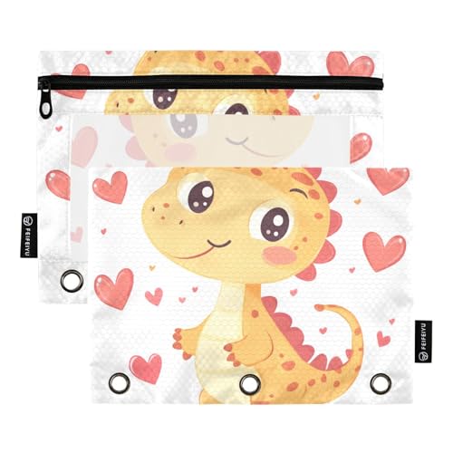OWFKAY Federmäppchen für 3-Ring-Ordner, Großpackung mit 3 Löchern, Reißverschlussbeutel mit transparentem Fenster, buntes Herz-Dinosaurier, 2 Stück, Bunte Herz-Dinosaurier, one sizex2, Kulturbeutel von OWFKAY