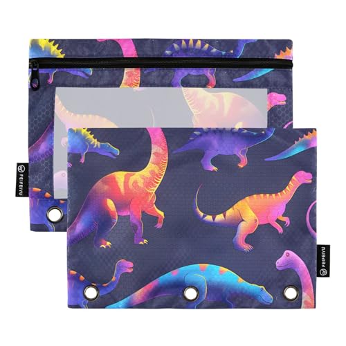 OWFKAY Federmäppchen für 3-Ring-Ordner, Großpackung mit 3 Löchern, Reißverschlussbeutel mit transparentem Fenster, dunkelblauer Hintergrund, Regenbogen-Dinosaurier-Muster, Dunkelblauer Hintergrund von OWFKAY