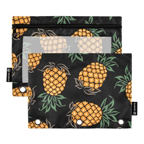 OWFKAY Federmäppchen für 3-Ring-Ordner, Großpackung mit 3 Löchern, Reißverschlussbeutel mit transparentem Fenster, gelbe Ananas auf Schwarz, Gelbe Ananas auf Schwarz, one sizex2, Kulturbeutel von OWFKAY