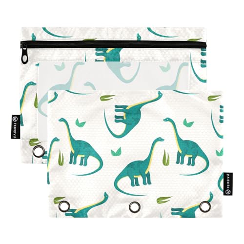 OWFKAY Federmäppchen für 3-Ring-Ordner, Großpackung mit 3 Löchern, Reißverschlussbeutel mit transparentem Fenster, grüner Dinosaurier auf Gelb, 2 Stück, Grüner Dinosaurier auf Gelb, one sizex2 von OWFKAY
