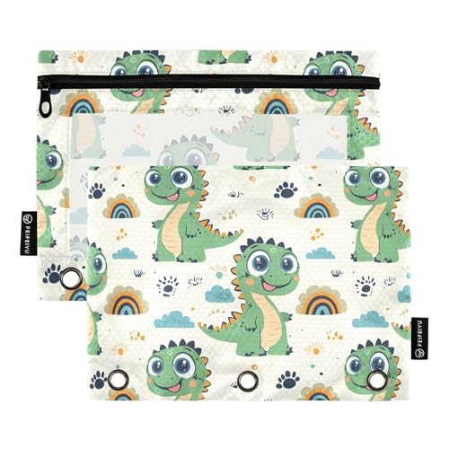 OWFKAY Federmäppchen für 3-Ring-Ordner, Großpackung mit 3 Löchern, Reißverschlussbeutel mit transparentem Fenster, grünes Dinosaurier-Regenbogen-Muster, Grünes Dinosaurier-Regenbogenmuster, one sizex2 von OWFKAY