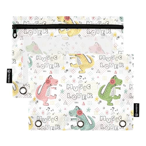 OWFKAY Federmäppchen für 3-Ring-Ordner, Großpackung mit 3 Löchern, Reißverschlussbeutel mit transparentem Fenster, lustiger Dinosaurier, Rosa, Grün, Gelb, 2 Stück, Lustiger Dinosaurier, one sizex2 von OWFKAY