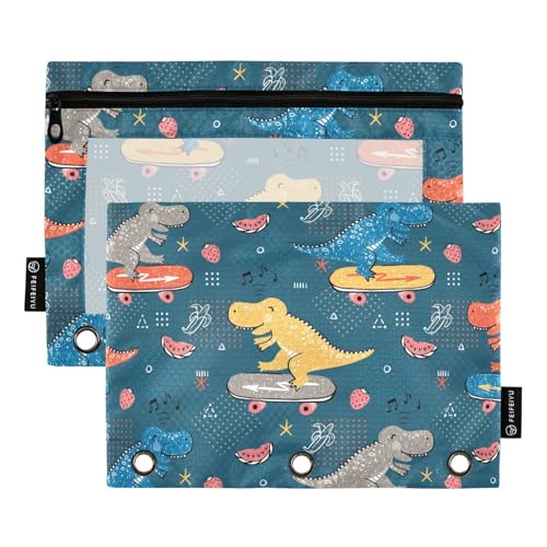 OWFKAY Federmäppchen für 3-Ring-Ordner, Großpackung mit 3 Löchern, Reißverschlussbeutel mit transparentem Fenster, niedlicher Dinosaurier-Skater, Niedlicher Dinosaurier-Skater, one sizex2 von OWFKAY