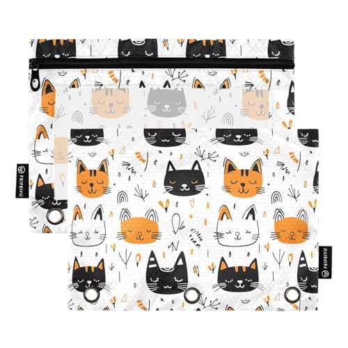 OWFKAY Federmäppchen für 3-Ring-Ordner, Großpackung mit 3 Löchern, Reißverschlussbeutel mit transparentem Fenster, schwarz-orangefarbenes Katzenmuster, 2 Stück, Schwarz-orangefarbenes Katzenmuster von OWFKAY