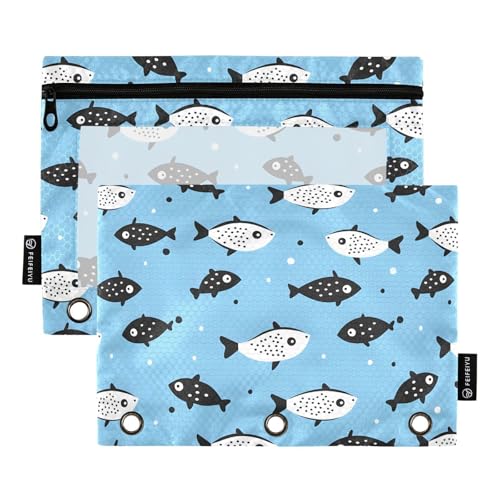 OWFKAY Federmäppchen für 3-Ring-Ordner, Großpackung mit 3 Löchern, Reißverschlussbeutel mit transparentem Fenster, schwarz-weißes Fischmuster, 2 Stück, Schwarz-weißes Fischmuster, one sizex2 von OWFKAY