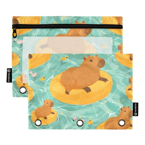 OWFKAY Federmäppchen für 3-Ring-Ordner, Großpackung mit 3 Löchern, Reißverschlussbeutel mit transparentem Fenster, schwimmendes Pool-Capibala-Muster, Schwimmbad-Capibala-Muster, one sizex2 von OWFKAY