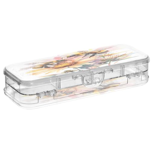 OWFKAY Federmäppchen mit Bienen und Blumen, Kunststoff, transparent, Stiftebox, Organizer, Buntstifte, Aufbewahrungsbox, doppellagiger Stifthalter für die Schule von OWFKAY