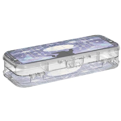 OWFKAY Federmäppchen mit Sichtfenster, Motiv: Katze, Mond, Kunststoff, transparent, Organizer für Buntstifte, Aufbewahrungsbox, doppellagiger Stifthalter für die Schule von OWFKAY