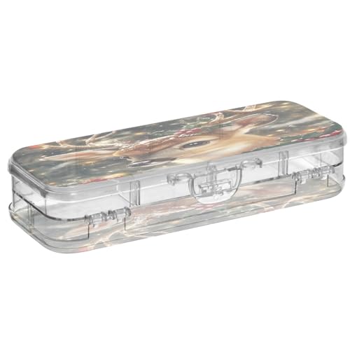 OWFKAY Federmäppchen mit Weihnachts-Rentier, Kunststoff, transparent, Stiftebox, Organizer, Buntstifte, Aufbewahrungsbox, doppellagiger Stifthalter für die Schule von OWFKAY