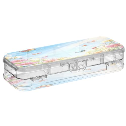 OWFKAY Federmäppchen mit Zubehör, Blume, Schmetterling, Kunststoff, transparent, Stiftebox, Organizer, Buntstifte, Aufbewahrungsbox, doppellagiger Stifthalter für die Schule von OWFKAY