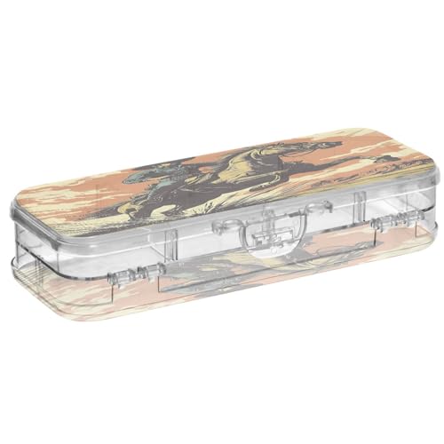 OWFKAY Federmäppchen mit Zubehör, Cowboy-Reiten, Kunststoff, transparent, Stiftebox, Organizer, Buntstifte, Aufbewahrungsbox, doppellagiger Stifthalter für die Schule von OWFKAY