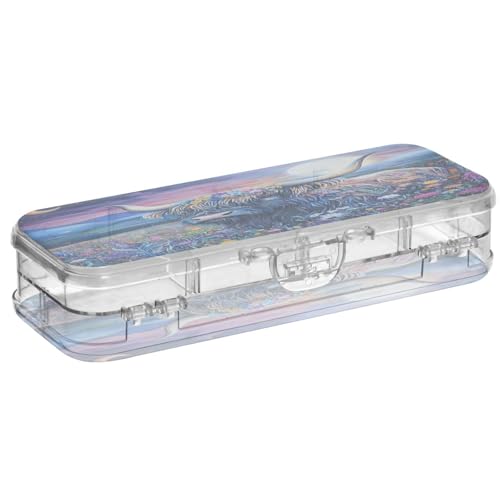 OWFKAY Federmäppchen mit Zubehör, Highland Cow Midnight Kunststoff, transparent, Stiftebox, Organizer, Buntstifte, Aufbewahrungsbox, doppellagiger Stifthalter für die Schule von OWFKAY