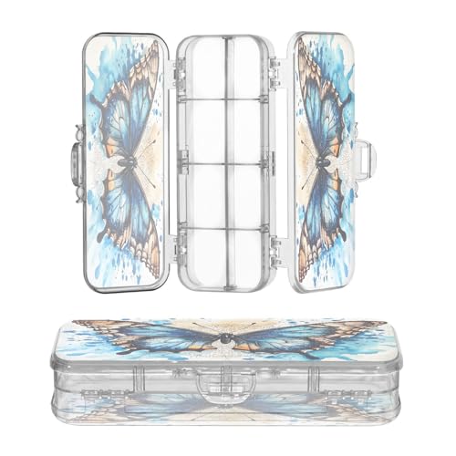OWFKAY Federmäppchen mit Zubehör, Schmetterling, Blau, Aquarell-Kunststoff, transparent, Stiftebox, Organizer, Buntstifte, Aufbewahrungsbox, doppellagiger Stifthalter für die Schule von OWFKAY