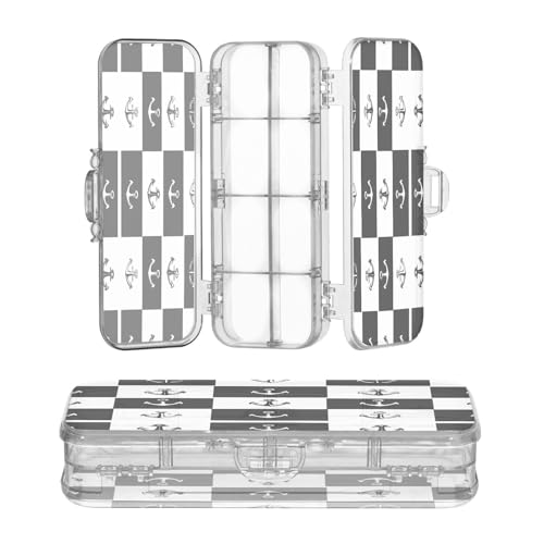 OWFKAY Federmäppchen mit Zubehör, Schwarz und Weiß, Gittermuster, Ankermuster, Kunststoff, transparent, Stiftebox, Organizer, Buntstifte, Aufbewahrungsbox, doppellagiger Stifthalter für die Schule von OWFKAY