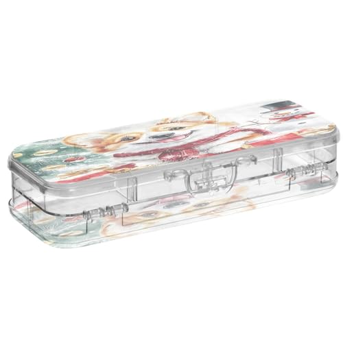 OWFKAY Federmäppchen mit Zubehör, Welpen, Weihnachten, Kunststoff, transparent, Stiftebox, Organizer, Buntstifte, Aufbewahrungsbox, doppellagiger Stifthalter für die Schule von OWFKAY