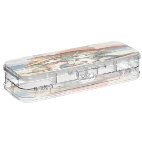 OWFKAY Federmäppchen mit niedlichem Katzenmotiv, Kunststoff, transparent, Stiftebox, Organizer, Buntstifte, Aufbewahrungsbox, doppellagiger Stifthalter für die Schule von OWFKAY