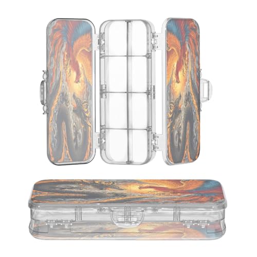 OWFKAY Kleines Federmäppchen mit Zubehör, Drachen-Phönix, Kunststoff, transparent, Stiftebox, Organizer, Buntstifte, Aufbewahrungsbox, doppellagiger Stifthalter für die Schule von OWFKAY