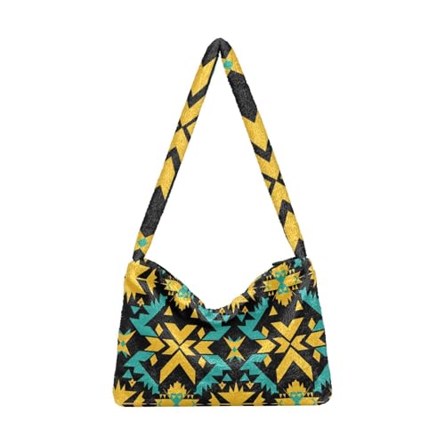 OWFKAY Plüsch Achseltasche Aztekisches geometrisches abstraktes Muster Damen Flauschige Umhängetasche Frauen Flauschige Tragetasche für Herbst und Winter von OWFKAY