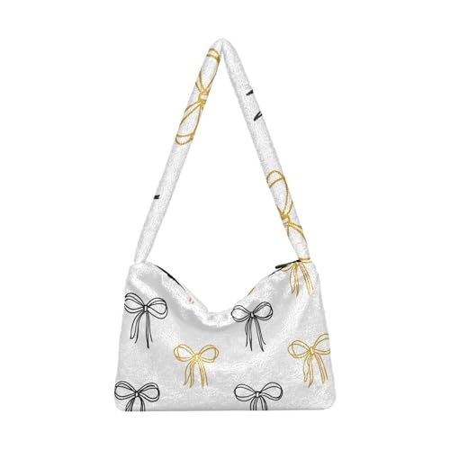 OWFKAY Plüsch Achseltasche-Linie Schleife Muster Damen Flauschige Umhängetasche Frauen Flauschige Tote Bag für Herbst und Winter von OWFKAY