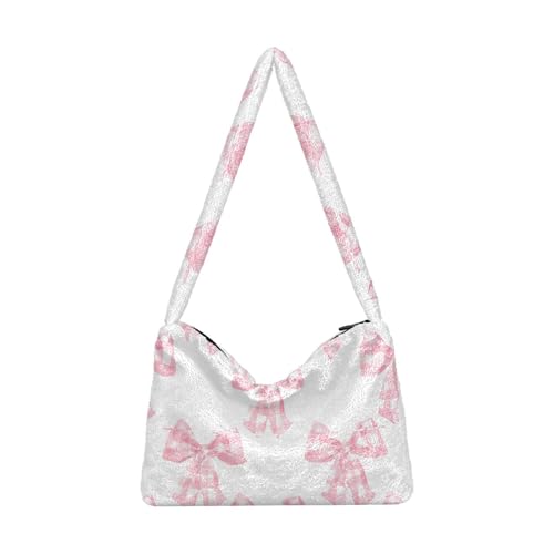 OWFKAY Plüsch Achseltasche-Schleifen Kariert Muster Damen Flauschige Umhängetasche Frauen Flauschige Tote Bag für Herbst und Winter von OWFKAY