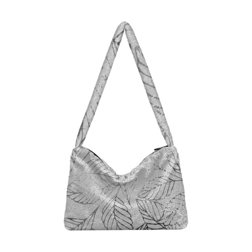 OWFKAY Plüsch Unterarmtasche - Blätter Muster Grau Damen Flauschige Umhängetasche Frauen Flauschige Tote Bag für Herbst und Winter von OWFKAY