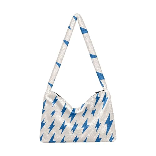 OWFKAY Plüsch Unterarmtasche Blau Blitzmuster Damen Flauschige Umhängetasche Frauen Flauschige Tote Bag für Herbst und Winter von OWFKAY