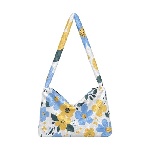 OWFKAY Plüsch Unterarmtasche Blau Gelb Blumenmuster Damen Flauschige Umhängetasche Frauen Flauschige Tote Bag für Herbst und Winter von OWFKAY