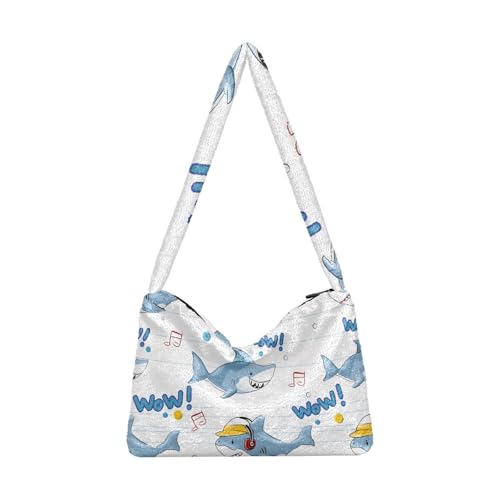 OWFKAY Plüsch Unterarmtasche Blau Hai Muster Damen Flauschige Umhängetasche Frauen Flauschige Tote Bag für Herbst und Winter von OWFKAY