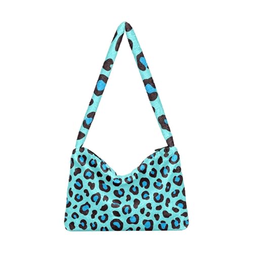 OWFKAY Plüsch Unterarmtasche Blau Leopard Muster Damen Flauschige Umhängetasche Frauen Flauschige Tote Bag für Herbst und Winter von OWFKAY