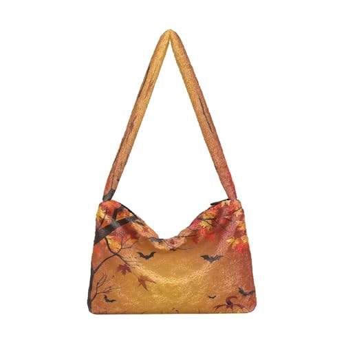 OWFKAY Plüsch Unterarmtasche Damen Tote Handtaschen Damen Flauschige Geldbörse Schultertasche für Winter Ahorn Kürbis Fledermaus von OWFKAY