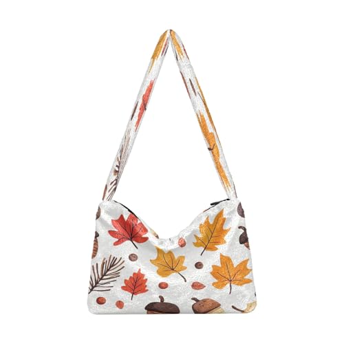 OWFKAY Plüsch Unterarmtasche Damen Tote Handtaschen Damen Flauschige Geldbörse Schultertasche für Winter Ahornblätter Nüsse Muster von OWFKAY