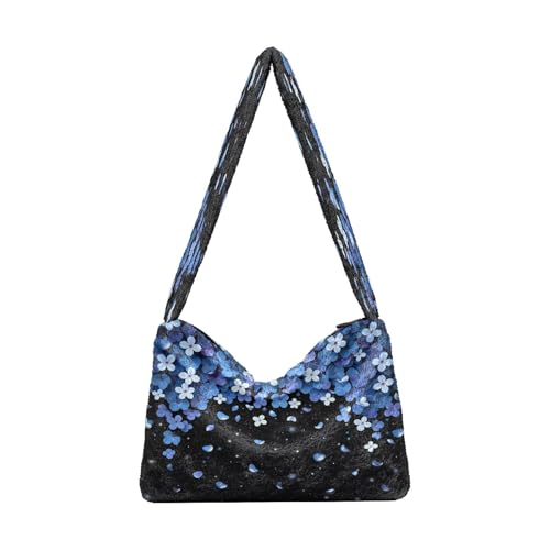 OWFKAY Plüsch Unterarmtasche Damen Tote Handtaschen Damen Flauschige Geldbörse Schultertasche für Winter Blau Blume von OWFKAY