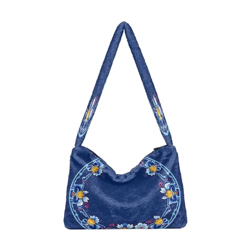OWFKAY Plüsch Unterarmtasche Damen Tote Handtaschen Damen Flauschige Geldbörse Schultertasche für Winter Blau Kreis von OWFKAY