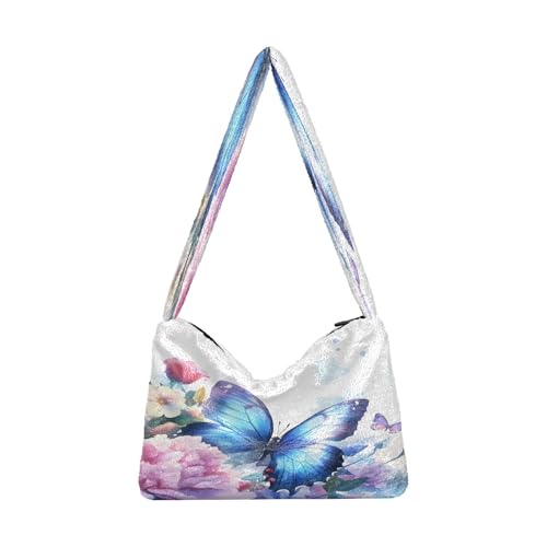 OWFKAY Plüsch Unterarmtasche Damen Tote Handtaschen Damen Flauschige Geldbörse Schultertasche für Winter Blau Schmetterling Blumen von OWFKAY