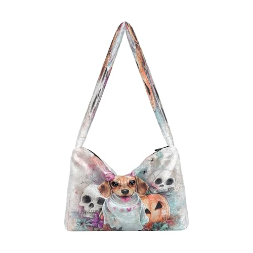 OWFKAY Plüsch Unterarmtasche Damen Tote Handtaschen Damen Flauschige Geldbörse Schultertasche für Winter Dackel Kürbis Schädel von OWFKAY
