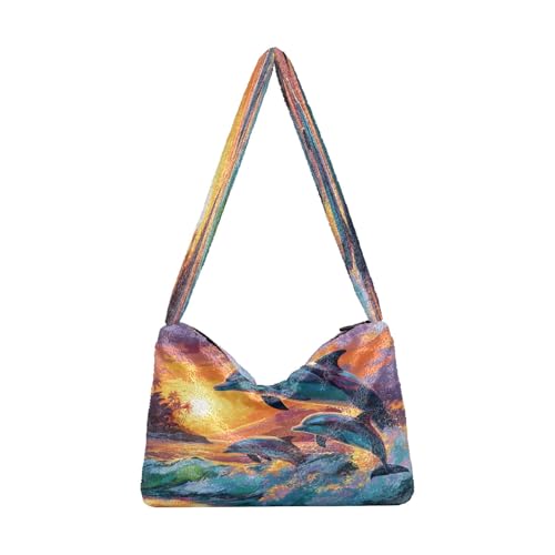 OWFKAY Plüsch Unterarmtasche Damen Tote Handtaschen Damen Flauschige Geldbörse Schultertasche für Winter Delfine Sonnenuntergang Meer von OWFKAY