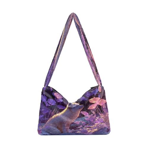 OWFKAY Plüsch Unterarmtasche Damen Tote Handtaschen Damen Flauschige Geldbörse Schultertasche für Winter Der geheime Garten des Arctic Fox von OWFKAY